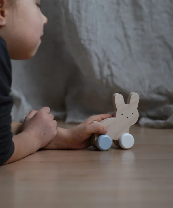 Mažas vaikas stumia medinį kiškį ant ratukų, lavindamas motoriką ir koordinaciją.