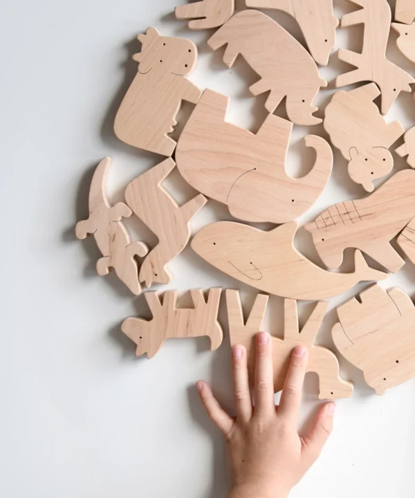 Rankų darbo medinės gyvūnų figūrėlės: Zoo rinkinys