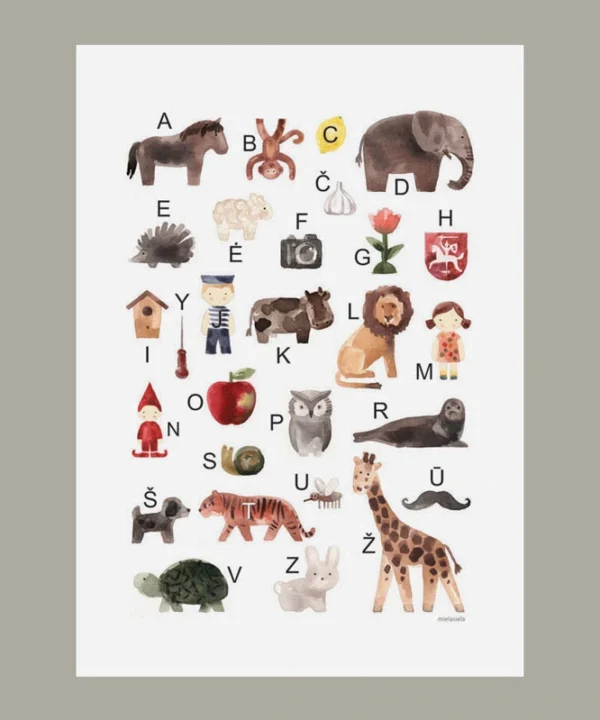Lietuviška abėcėlė vaikams – edukacinis plakatas su gyvūnų ir daiktų iliustracijomis