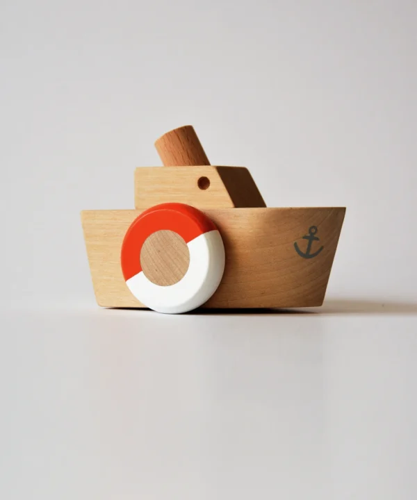 Rankų darbo medinis riedantis laivelis vaikams, Montessori stiliaus žaislas